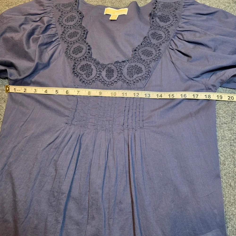 Michael Kors Womens M Navy Blue Cotton Eyelet Lace Trim Pintuck Pleated Boho Top